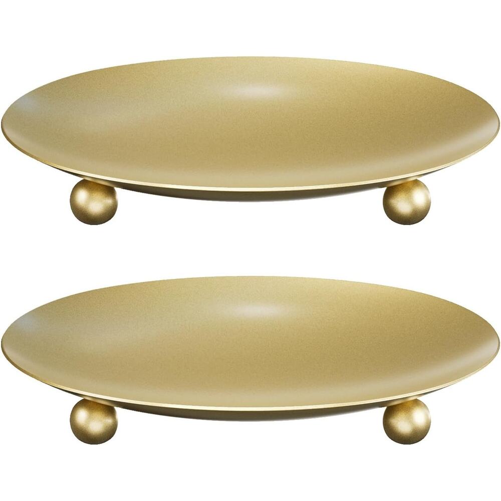 Gold Candle Holders Set of 2 Pillar Candle Plates Metal Stand Table Décor